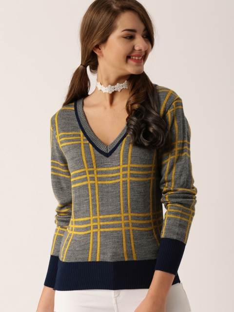 

DressBerry Women Grey & Yellow Checked Pullover Sweater