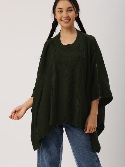 

DressBerry Women Olive Green Self Design Poncho