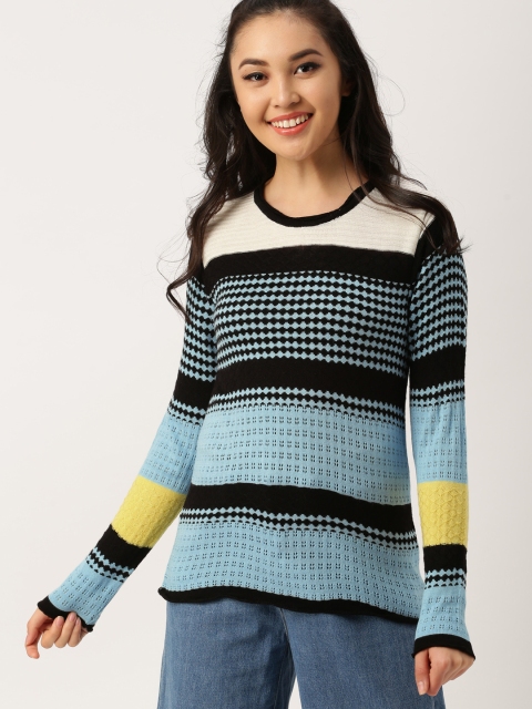 

DressBerry Women Blue & White Self Design Pullover