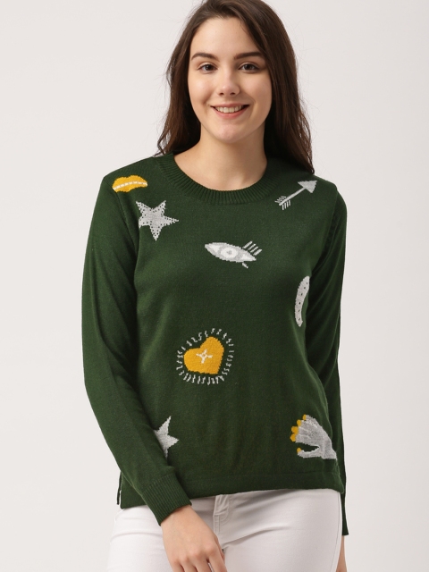 

DressBerry Women Olive Green Self Design Pullover
