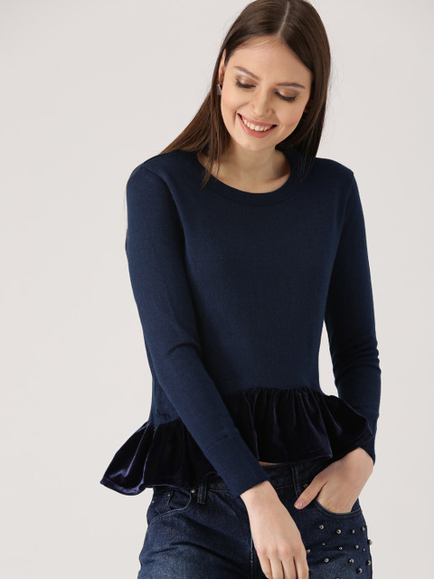

DressBerry Women Navy Solid Peplum Sweater, Navy blue