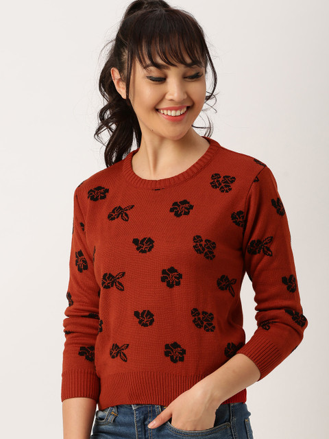 

DressBerry Women Rust Red Self Design Sweater
