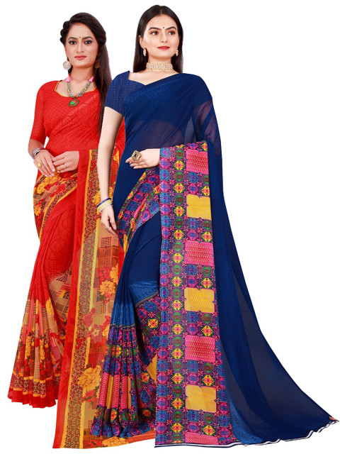 

KALINI Navy Blue & Red Pure set of 2 Georgette Saree
