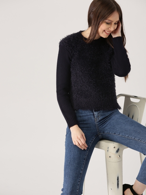 

DressBerry Women Navy Solid Fuzzy Sweater, Navy blue