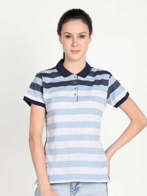 

PROTEX Women Blue Striped Polo Collar Applique T-shirt