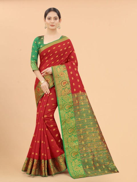 

INDI AVTAAR Red & Green Woven Design Zari Silk Cotton Banarasi Saree