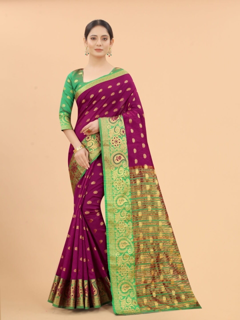 

INDI AVTAAR Burgundy & Green Woven Design Zari Silk Cotton Banarasi Saree