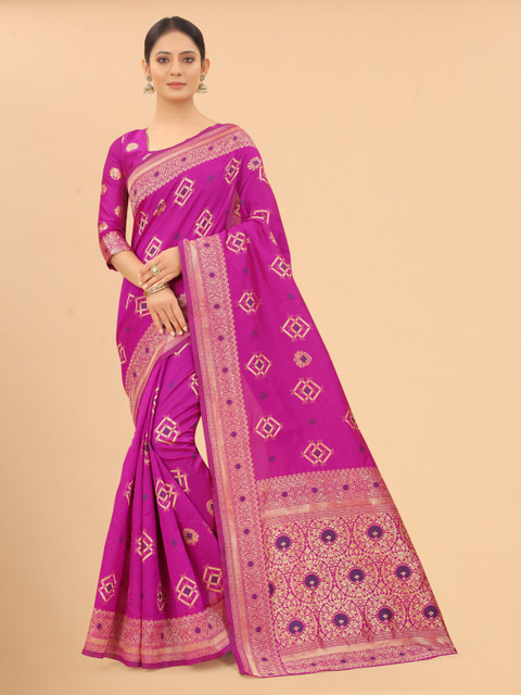 

INDI AVTAAR Pink & Gold-Toned Woven Design Zari Silk Cotton Banarasi Saree
