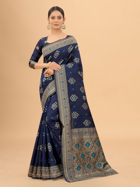 

INDI AVTAAR Navy Blue & Gold-Toned Woven Design Zari Silk Cotton Banarasi Saree