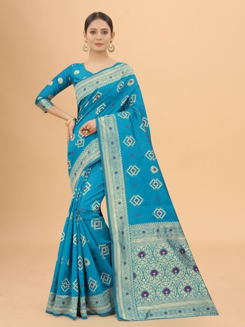 

INDI AVTAAR Turquoise Blue & Gold-Toned Woven Design Zari Silk Cotton Banarasi Saree