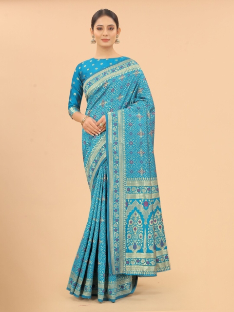 

INDI AVTAAR Turquoise Blue & Purple Woven Design Zari Silk Cotton Banarasi Saree