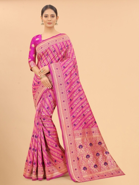 

INDI AVTAAR Pink & Gold-Toned Woven Design Zari Silk Cotton Banarasi Saree