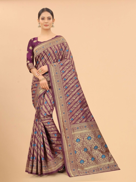 

INDI AVTAAR Purple & Gold-Toned Woven Design Zari Silk Cotton Banarasi Saree