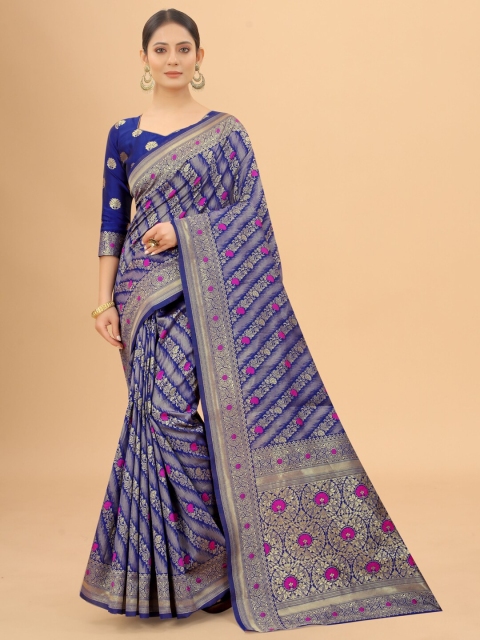 

INDI AVTAAR Navy Blue & Pink Woven Design Zari Silk Cotton Banarasi Saree
