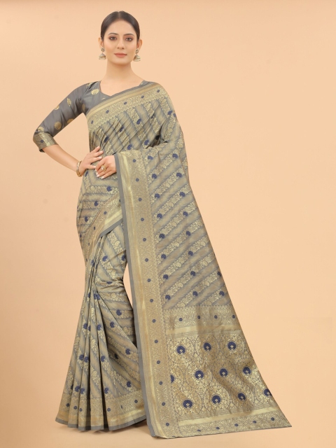 

INDI AVTAAR Grey & Gold-Toned Woven Design Zari Silk Cotton Banarasi Saree