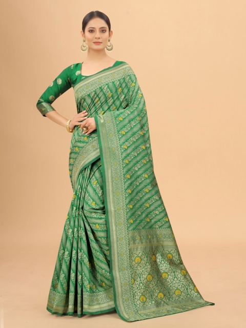 

INDI AVTAAR Green & Gold-Toned Woven Design Zari Silk Cotton Banarasi Saree