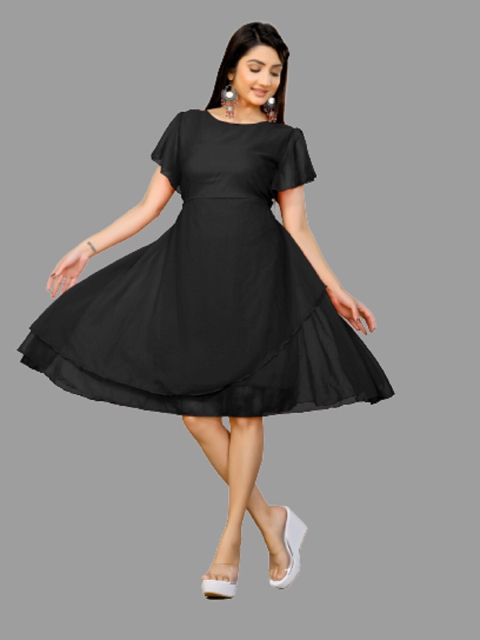

AUCREATIONS Black Georgette Fit And Flare Dress