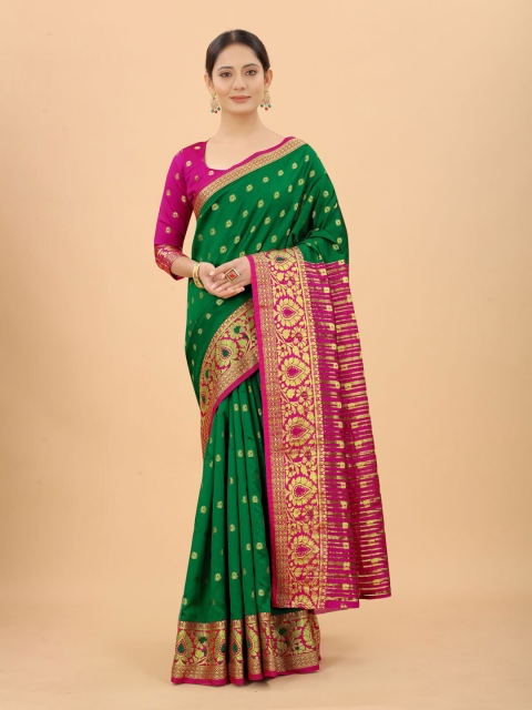 

INDI AVTAAR Green & Purple Woven Design Zari Silk Cotton Banarasi Saree