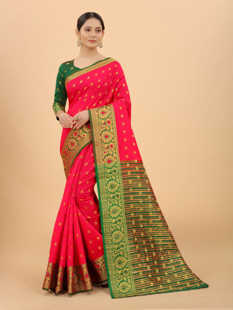 

INDI AVTAAR Magenta & Green Woven Design Zari Silk Cotton Banarasi Saree