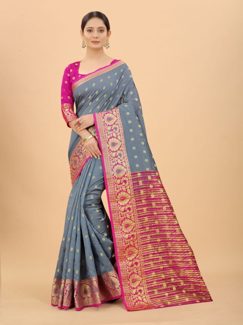 

INDI AVTAAR Grey & Pink Woven Design Zari Silk Cotton Banarasi Saree