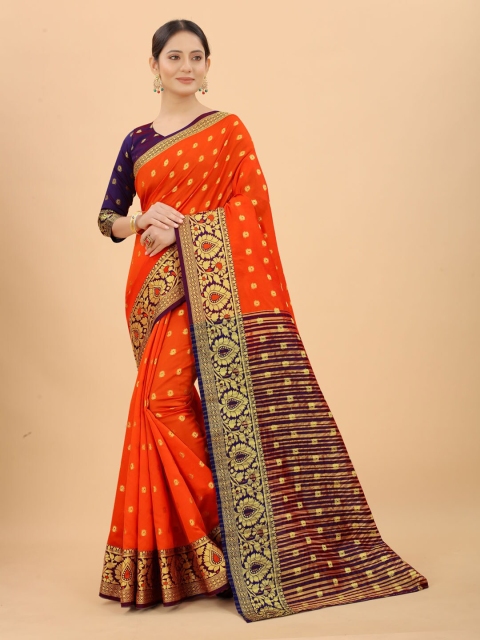 

INDI AVTAAR Orange & Navy Blue Woven Design Zari Silk Cotton Banarasi Saree