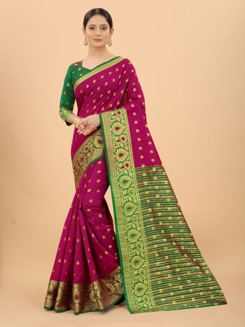 

INDI AVTAAR Purple & Green Woven Design Zari Silk Cotton Banarasi Saree