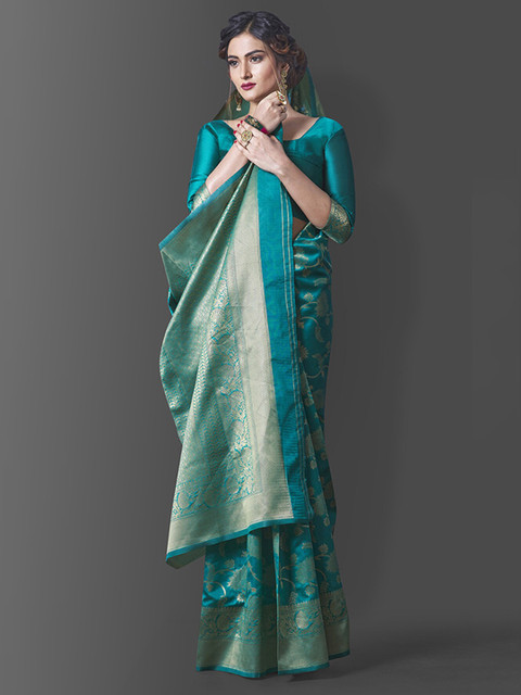 

Wuxi Teal & Gold-Toned Woven Design Zari Pure Silk Banarasi Saree