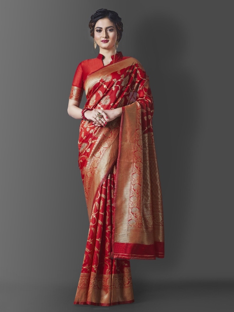 

Wuxi Red & Gold-Toned Woven Design Zari Pure Silk Banarasi Saree