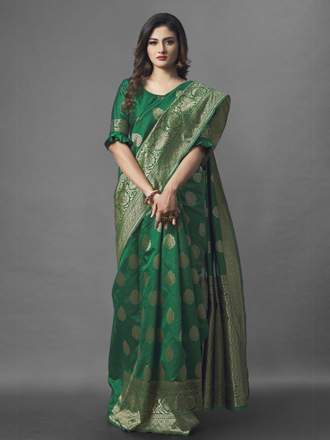 

Wuxi Green & Gold-Toned Woven Design Zari Pure Silk Banarasi Saree