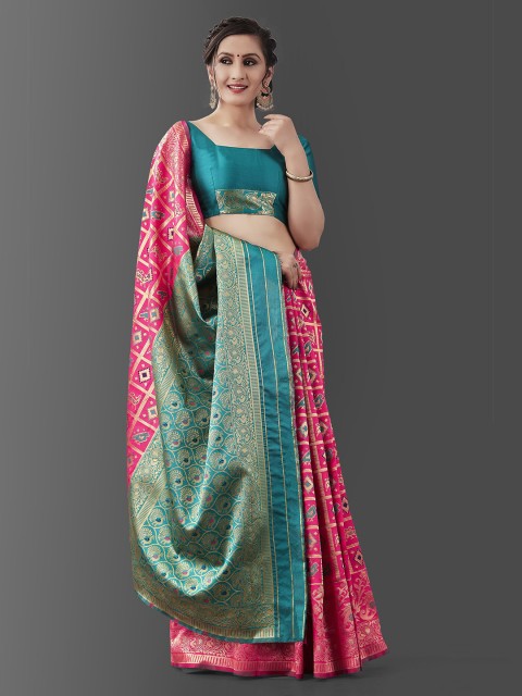 

Wuxi Pink & Blue Woven Design Zari Pure Silk Banarasi Saree
