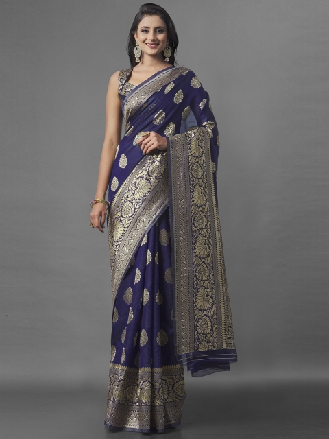 

Wuxi Navy Blue & Gold-Toned Woven Design Zari Pure Silk Banarasi Saree