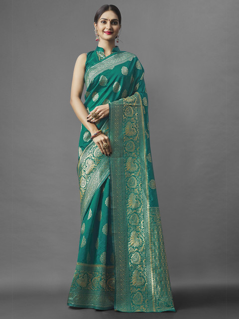 

Wuxi Teal & Silver-Toned Woven Design Zari Pure Silk Banarasi Saree