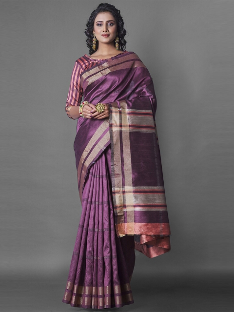 

Wuxi Purple & Silver-Toned Woven Design Zari Pure Silk Banarasi Saree