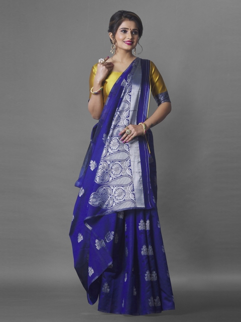

Wuxi Blue & Silver-Toned Woven Design Zari Pure Silk Banarasi Saree