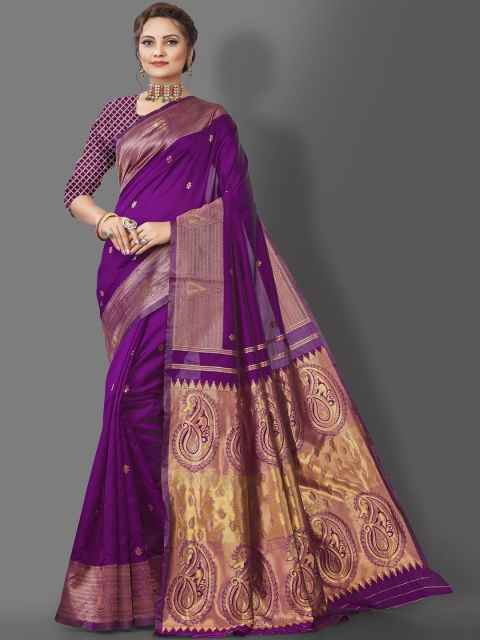 

Wuxi Purple & Gold-Toned Woven Design Zari Pure Silk Banarasi Saree