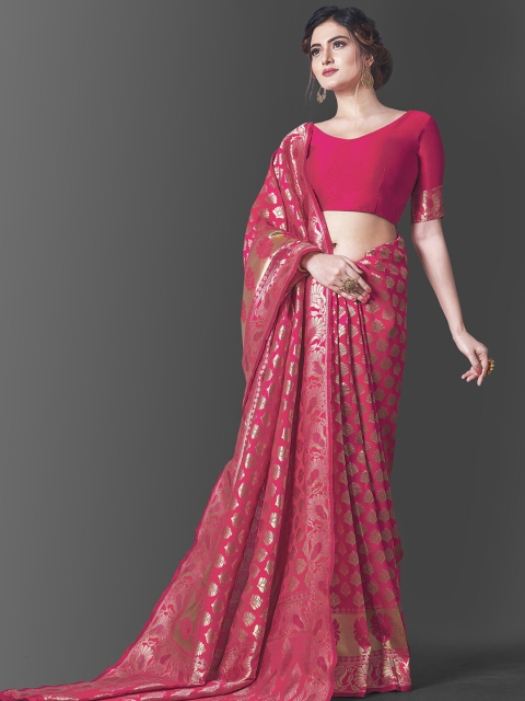 

Wuxi Pink & Gold-Toned Woven Design Zari Pure Silk Banarasi Saree