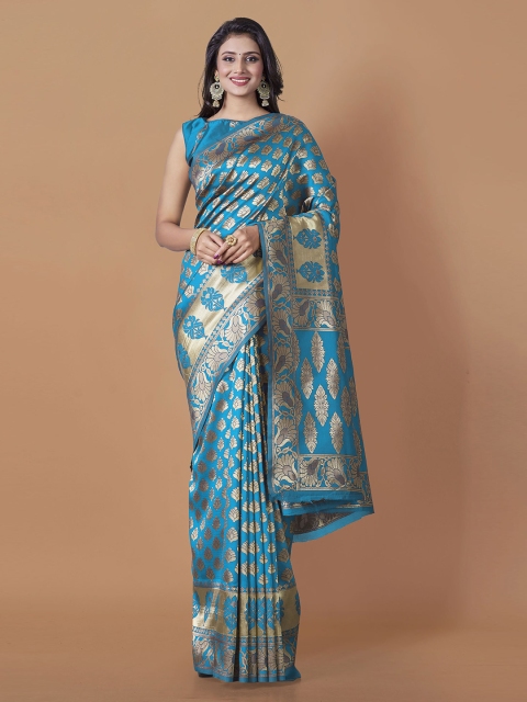 

Wuxi Blue & Gold-Toned Woven Design Zari Pure Silk Banarasi Saree