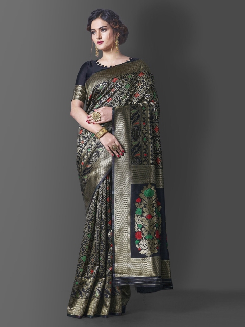 

Wuxi Black & Green Bandhani Zari Pure Silk Banarasi Saree