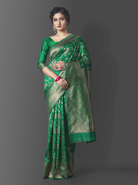 

Wuxi Green & Gold-Toned Woven Design Zari Pure Silk Banarasi Saree