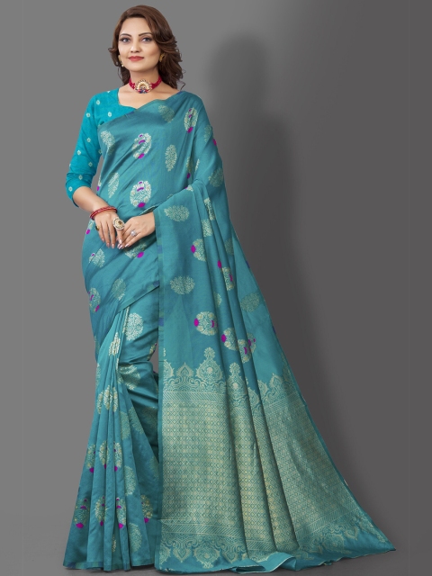 

Wuxi Blue & Pink Woven Design Zari Pure Silk Banarasi Saree