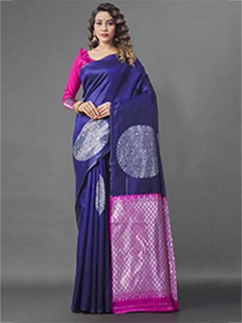 

Wuxi Navy Blue & Pink Woven Design Zari Pure Silk Banarasi Saree