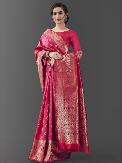 

Wuxi Pink & Gold-Toned Woven Design Zari Pure Silk Banarasi Saree