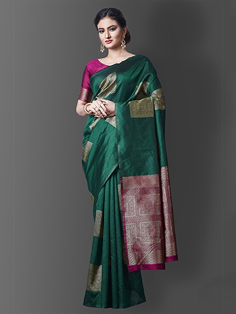 

Wuxi Green & Gold-Toned Woven Design Zari Pure Silk Banarasi Saree