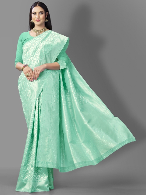 

Wuxi Blue & Silver-Toned Woven Design Zari Pure Silk Banarasi Saree