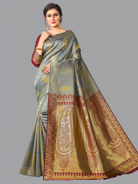 

Wuxi Grey & Red Woven Design Zari Pure Silk Banarasi Saree