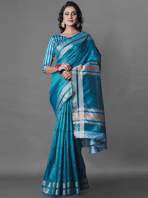 

Wuxi Blue & Silver-Toned Woven Design Zari Pure Silk Banarasi Saree