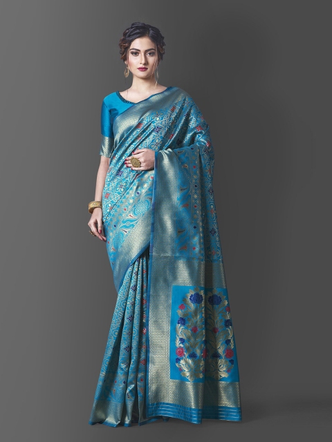 

Wuxi Blue & Gold-Toned Woven Design Zari Pure Silk Banarasi Saree