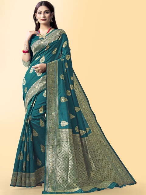

Wuxi Teal & Gold-Toned Woven Design Zari Pure Silk Banarasi Saree