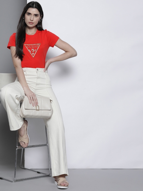 

GUESS Women Red & Golden Brand Logo Printed Pure Cotton T-shirt