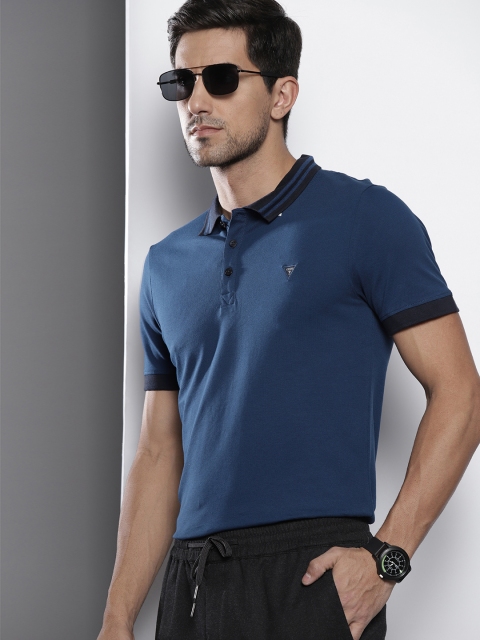 

GUESS Men Blue Polo Collar T-shirt